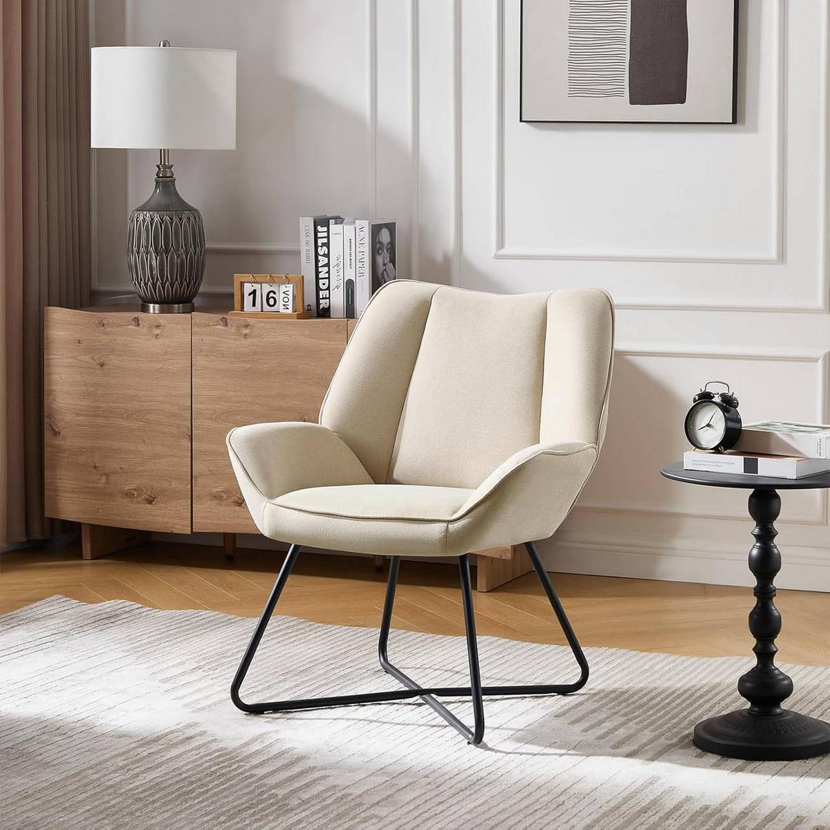 RELAXSESSEL mit Metallrahmen, Leinen, Beige - Beige/Schwarz, Keramik/Textil (71/85/70cm) - Woltu