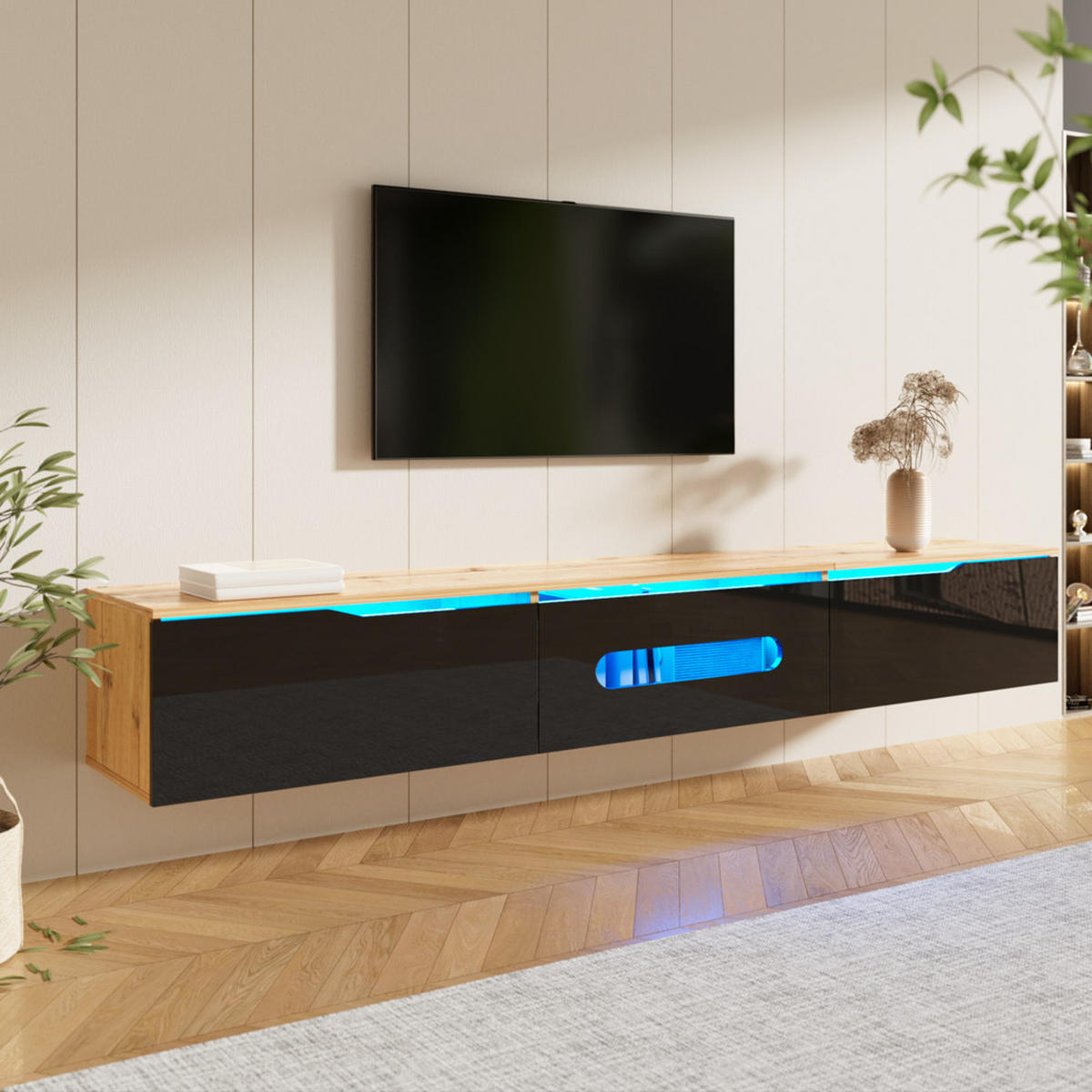 TV-SCHRANK 180cm Hochglanz 16-Farben-LED wandmontierbar Schwarz Natur - Schwarz, Holz (46/16.5/133cm) - FLIEKS