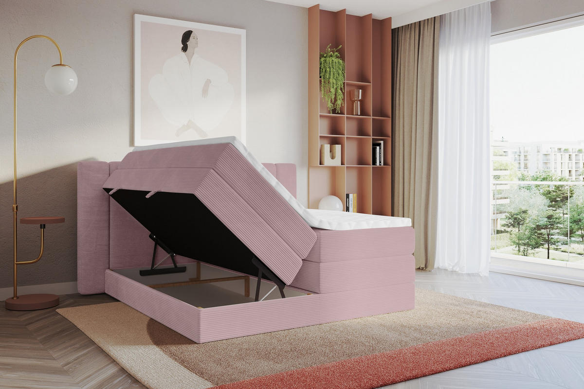 BOXSPRINGBETT mit Matratze H3/H4 - EVON KING - 140x200 cm Rosa - Rosa, Holzwerkstoff (140/200cm) - ALTDECOR