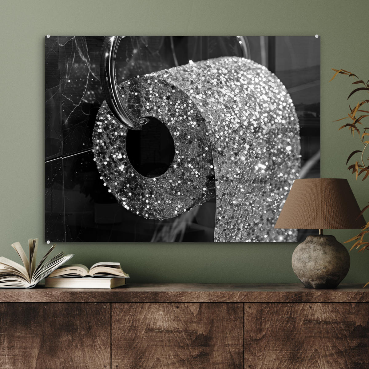 ACRYLGLASBILD WC - Toilettenpapier - Schwarz und weiß - Glitter 80x60 cm - Silberfarben, Glas (80/60cm) - MuchoWow