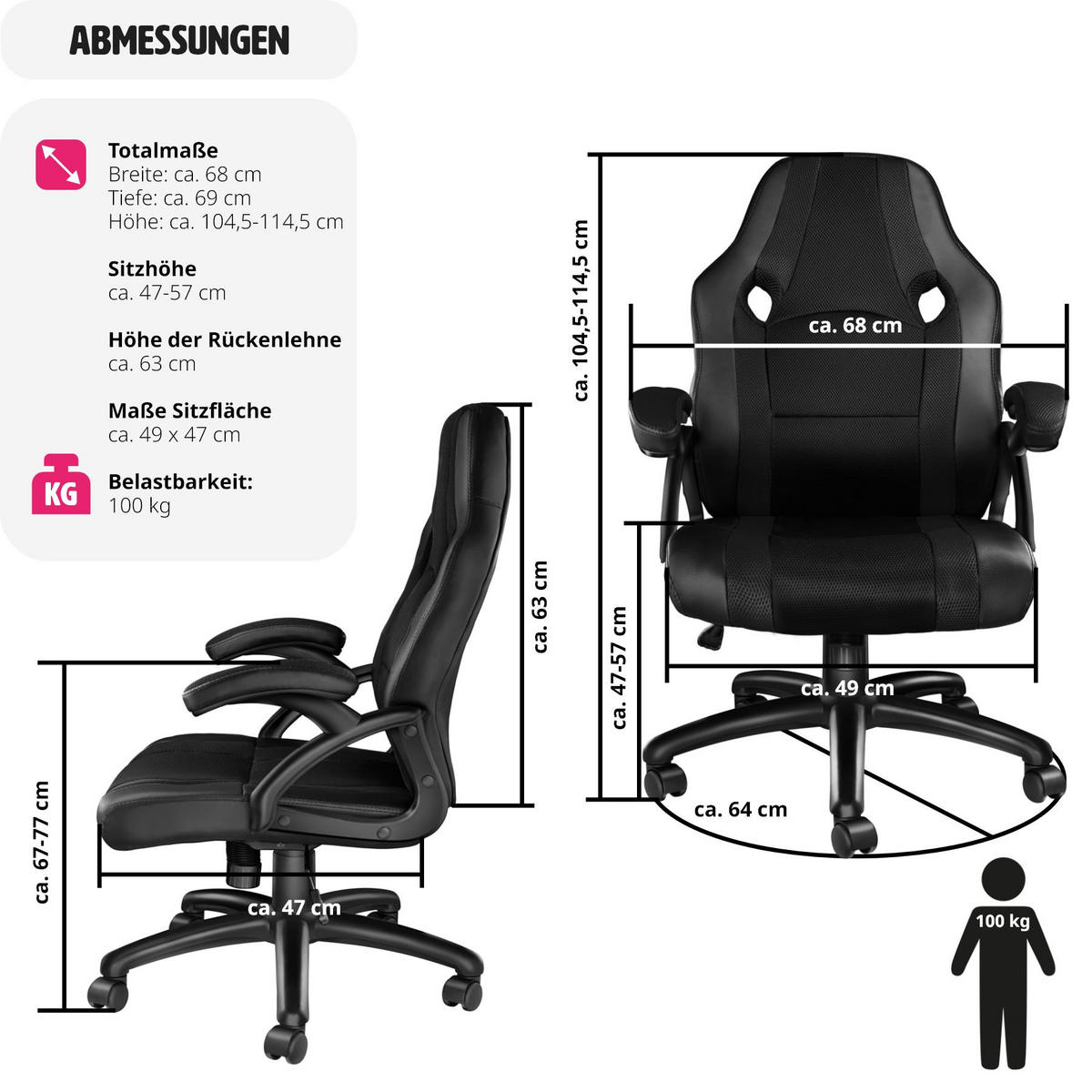 BÜROSTUHL Benny, stufenlos höhenverstellbar, schwarz - Schwarz, Textil (68/114.5/69cm) - tectake