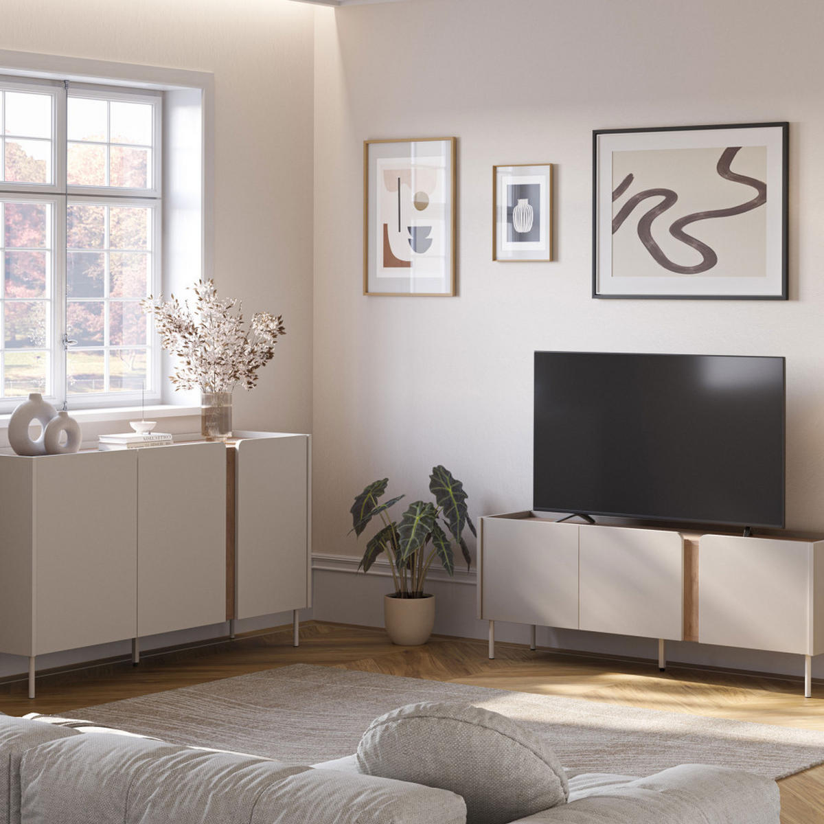 TV-MÖBEL - TV-Möbel mit 3 Türen aus Holz und Metall L140cm - Beige - Beige, Holz (140/53/35cm) - Drawer