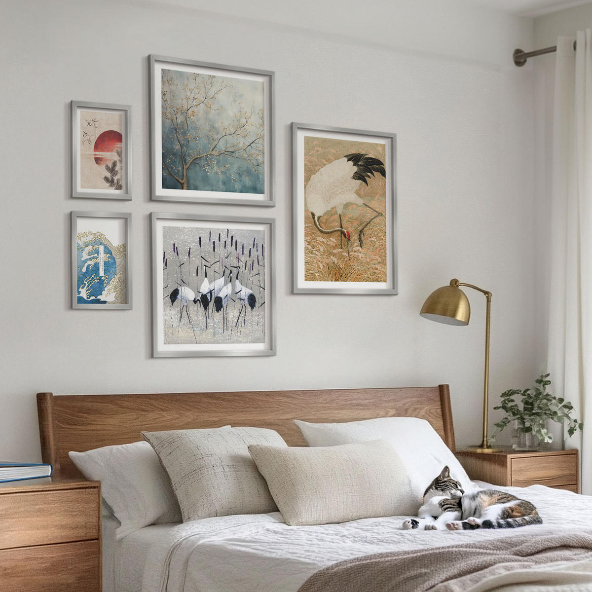 BILDER SET 5er Set - 50x50 cm & 20x30 cm & 40x60 cm Silberner Rahmen - Japanische Kraniche Landschaft - Silberfarben, Kunststoff (40/60cm) - TULUP