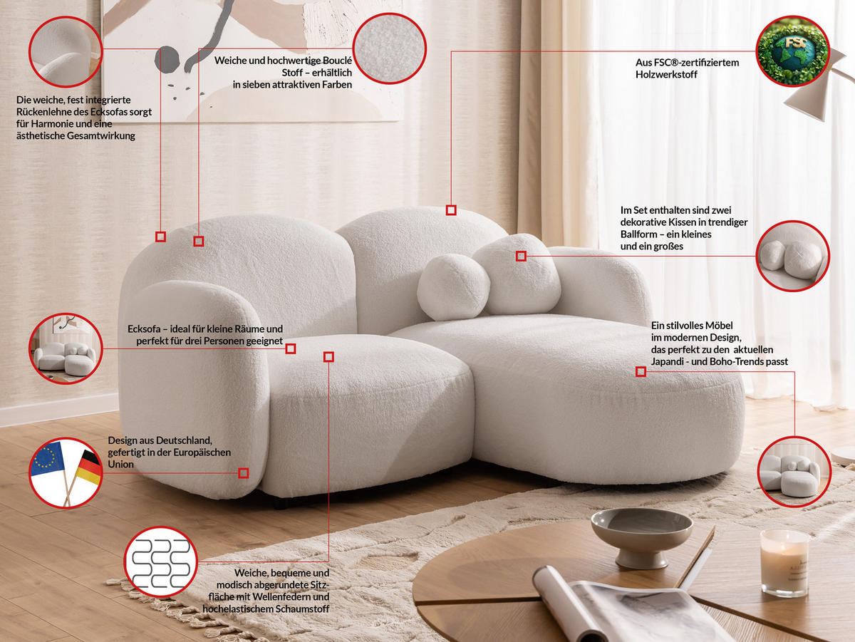 ECKSOFA Nuvola mit abgerundetem Design Weiß Bouclé-Stoff - Ottomane Rechts - Schwarz/Weiß, Holz/Kunststoff (190/146cm) - S-Style Möbel