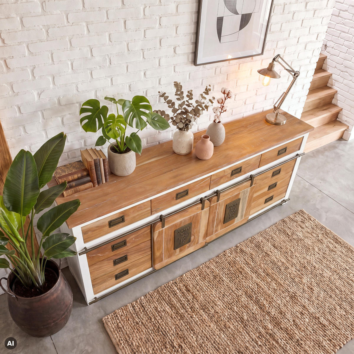SIDEBOARD Mango 220x45x90 weiß lackiert RAILWAY #592 - Weiß, Holz (220/90/45cm) - Massivmoebel24