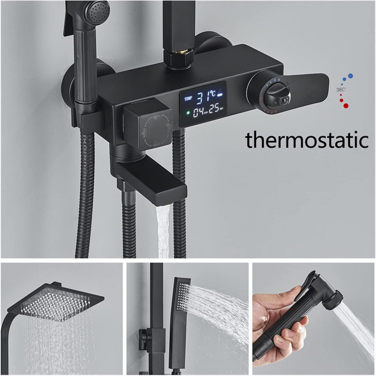 THERMOSTATISCHES Duschsystem 4 Funktionen mit Digitalanzeige Schwarz – Regendusche, Handbrause, integrierte Ablage & Bidet, Badezimmer Armatur - Schwarz, Metall (19/120/29cm) - Kaket