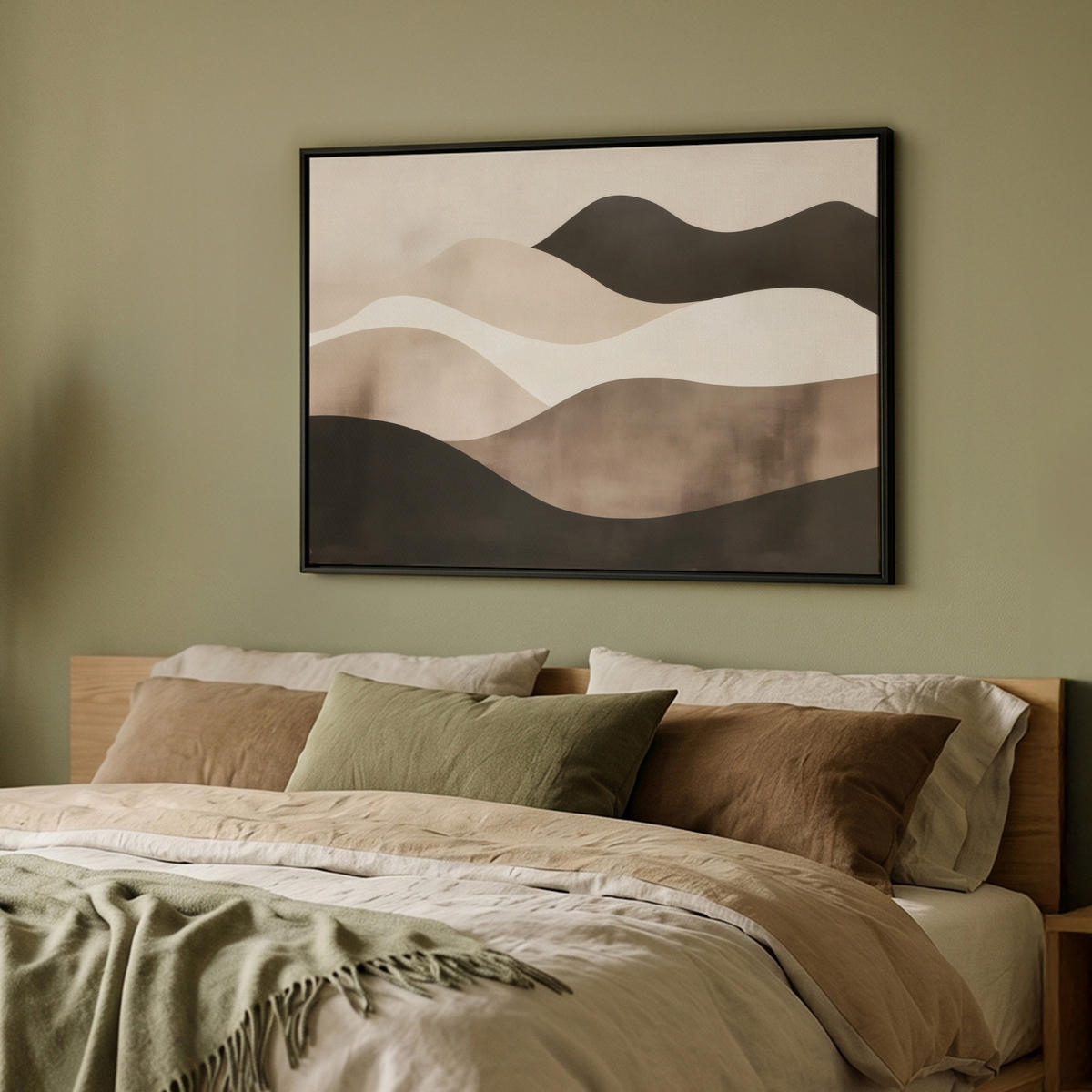 LEINWAND Bilder mit Rahmen - Abstrakt - Landschaft - Wellen - Cremefarben - 100x70 - Cappuccino, Textil (100/70cm) - MuchoWow