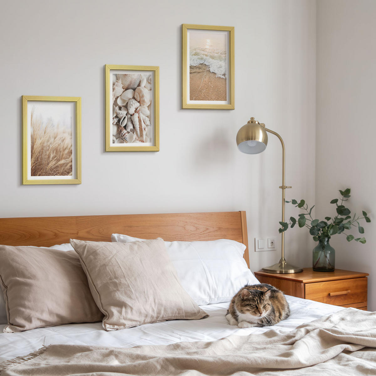 BILDER SET 3er Set - 20x30 cm Goldrahmen - Strandmotive, Muscheln, Wellen - Goldfarben, Kunststoff (20/30cm) - TULUP