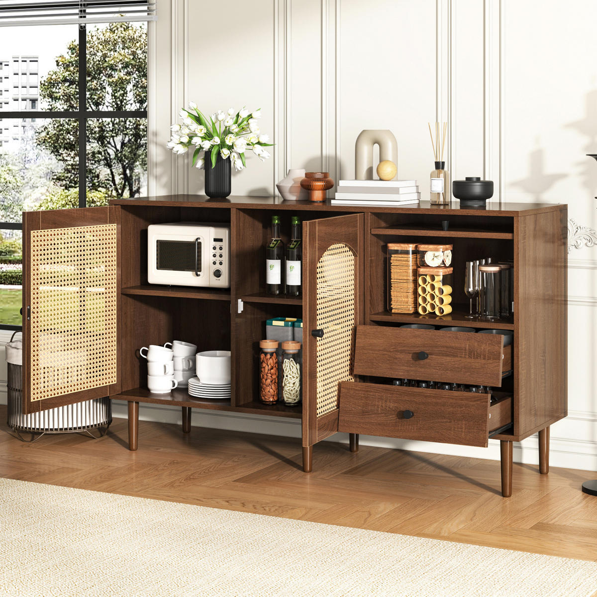 SIDEBOARD im Landhausstil 130 x 40 x 75,5 cm Holzoptik mit Rattantüren - Braun, Holzwerkstoff (130/75.5/40cm) - Meubliv