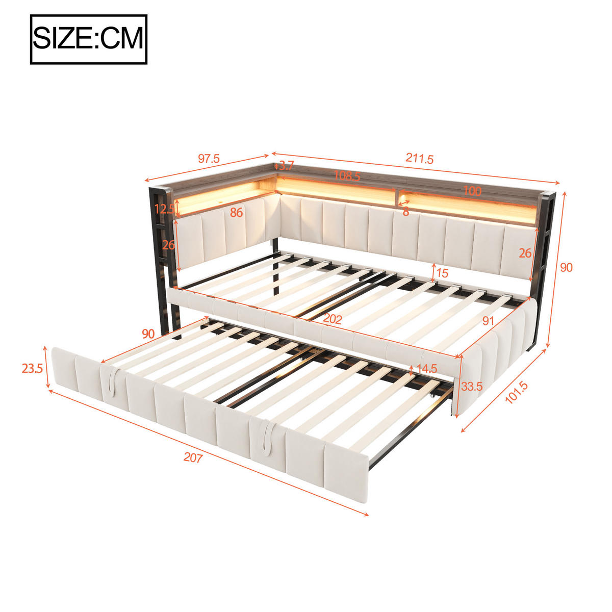 BETT mit Ausziehbett 90/200cm und LED-Beleuchtung in Beige Samt - Beige, Textil (90/200cm) - OKWISH