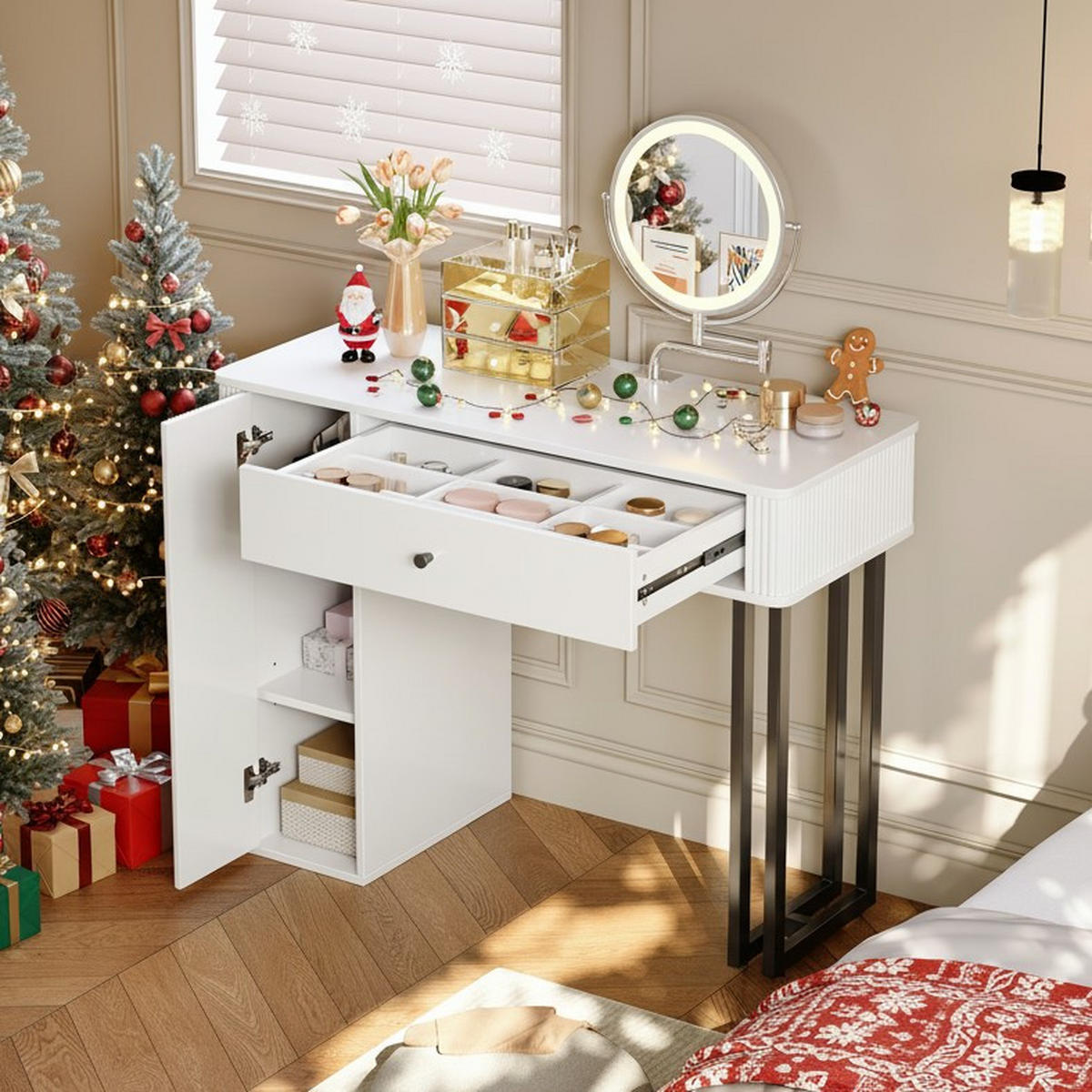 SCHMINKTISCH 40/100/116 cm Weiß mit LED-Beleuchtung Spiegel und Stauraum - Weiß, Holzwerkstoff (40/116/100cm) - OKWISH