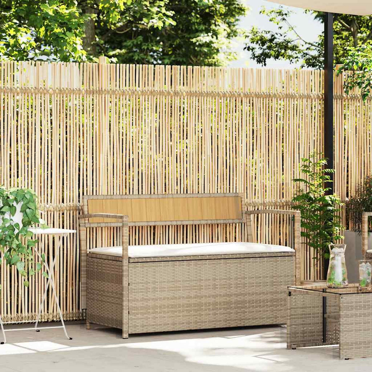 GARTENBANK Mit Stauraum Und Kissen Beige Poly Rattan - Beige, Kunststoff (54/74/111.5cm) - vidaXL