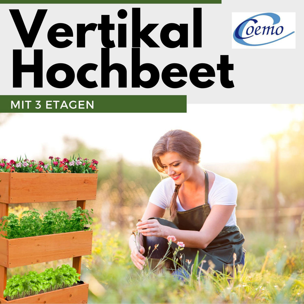 HOCHBEET Kleines Vertikalbeet 3 Etagen inkl. Pflanzfolie 75/30/75 cm - Naturfarben, Holz (30/75/75cm) - Coemo