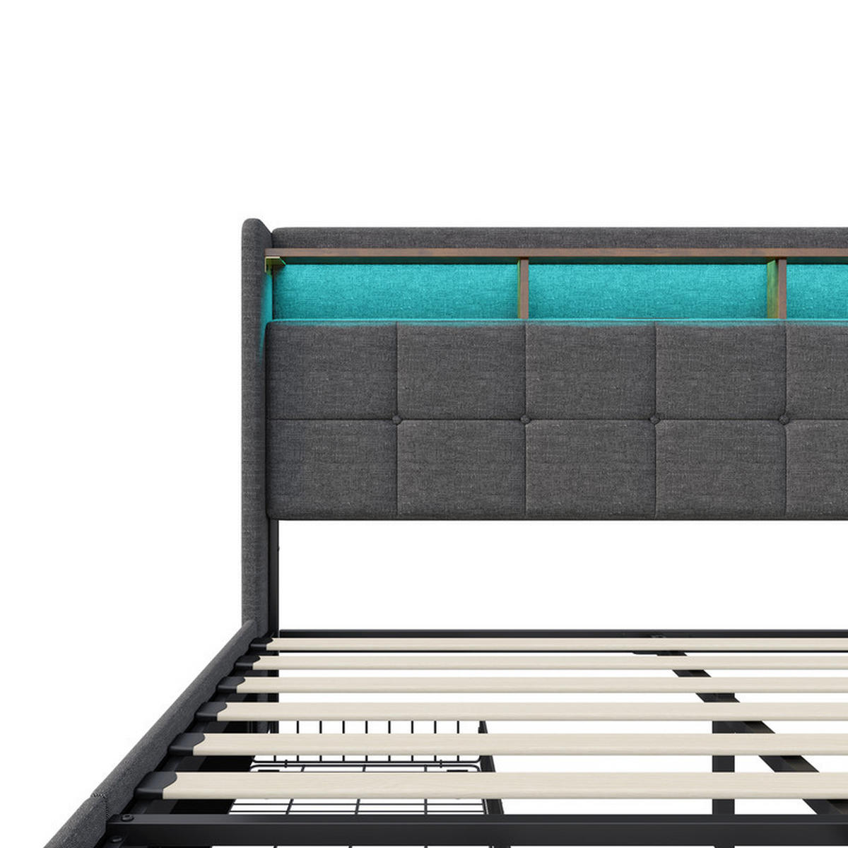 DOPPELBETT 140 x 190 cm mit 4 Schubladen, LED-Kopfteil, USB-/Typ-C-Anschlüssen, Leinen und Lattenrost, grau - Grau, Holzwerkstoff/Textil