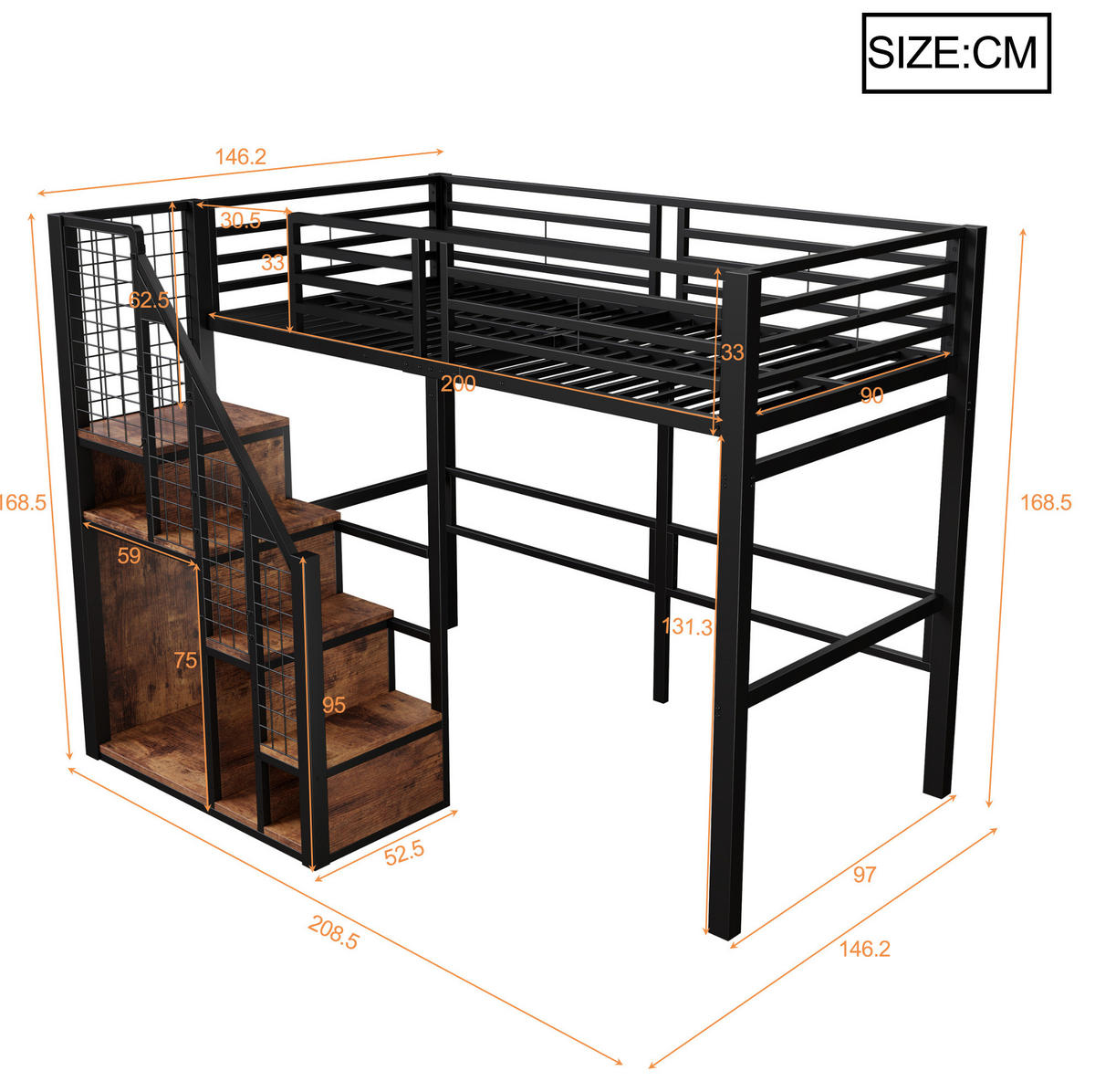 HOCHBETT aus Metall und MDF 90x200 cm Schwarz mit Stauraum und Treppe - Schwarz, Metall (90/200cm) - IVMEU