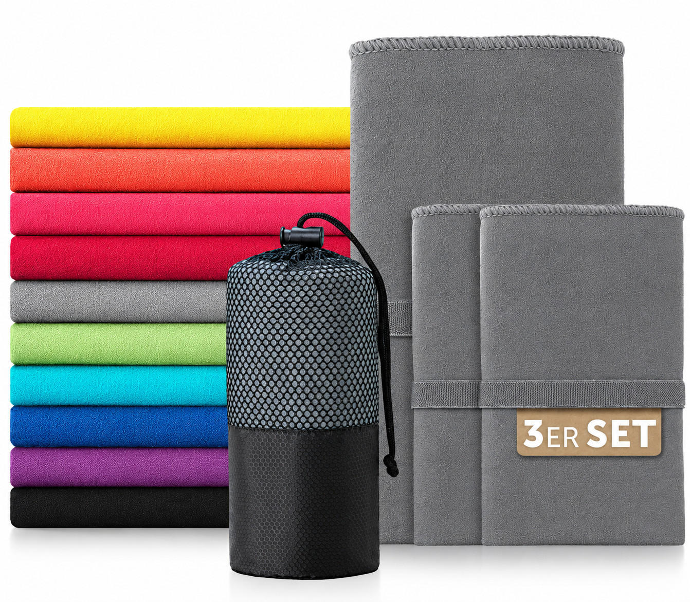 SPORTHANDTUCH microfiber 3er-Set , 180/90 cm & 2 x 80/40 cm, Grau - Grau, Textil (180/90cm) - Blumtal