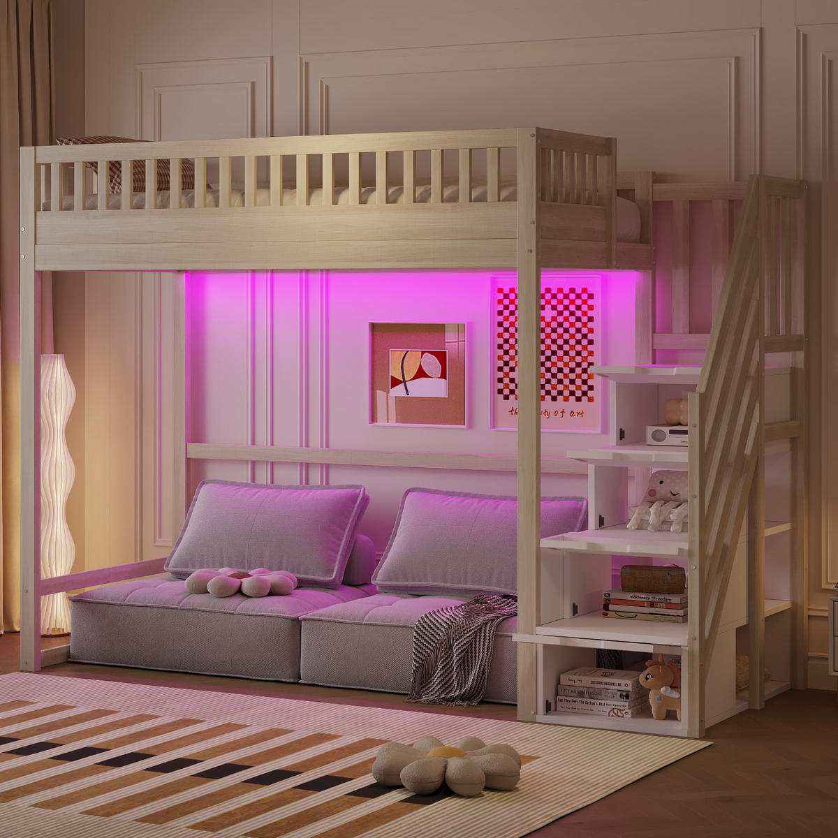 HOCHBETT 90/200 cm in Natur mit Stauraumtreppe und LED Holz Kinderbett - Naturfarben, Holzwerkstoff (90/200cm) - STILVORA