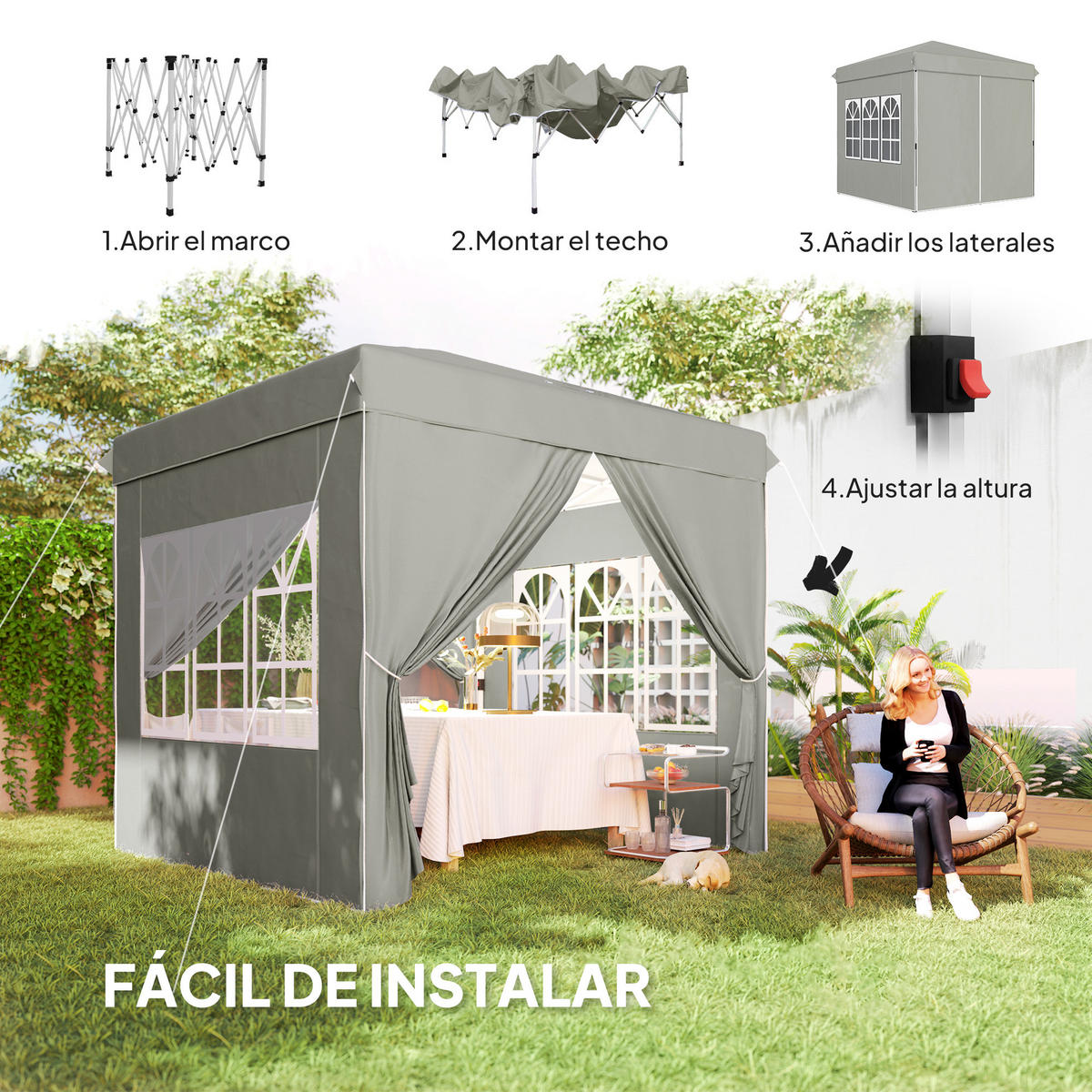 PAVILLON, faltbar,mit 3 verstellbaren Höhenstufen, wasserdicht (UPF 50+), 2,5 x 2,5 m ,Grau - Hellgrau, Metall (248/270/248cm) - Vallsero