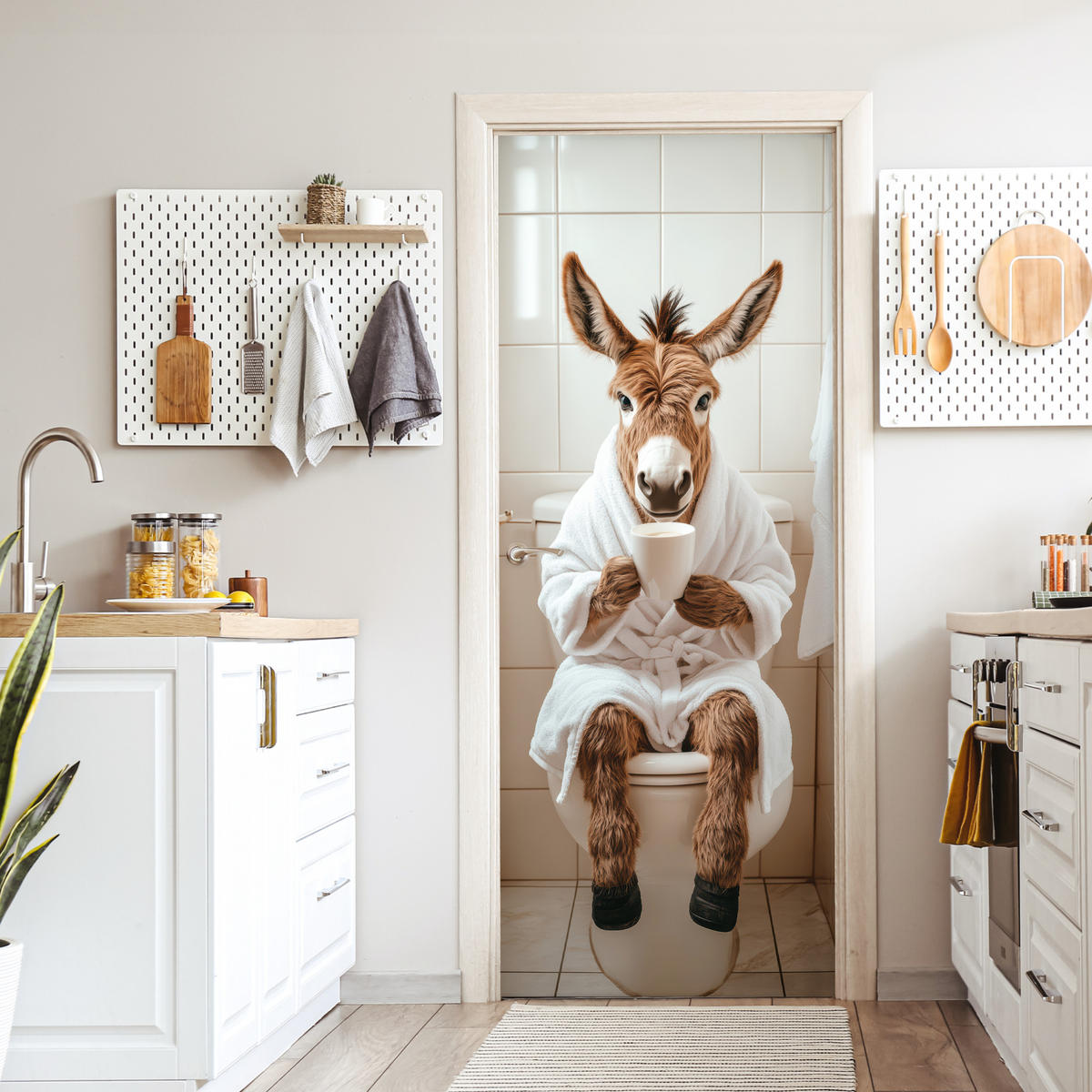 FOTOTAPETE Tür - Esel - WC - Lustig - Bademantel - Tier 75x205 cm - Beige, Kunststoff (75/0.1cm) - MuchoWow