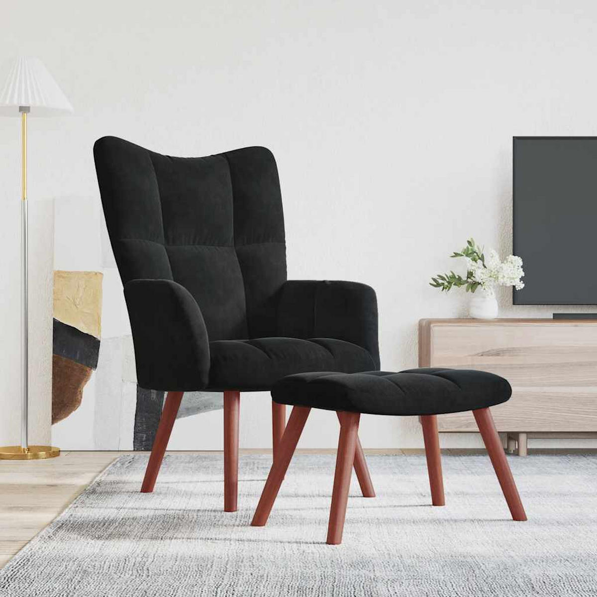 SESSEL mit Hocker, Holzbeine 61,5/69/95,5 cm aus Samt Schwarz - Schwarz/Braun, Holz/Textil (61.5/95.5/69cm) - vidaXL
