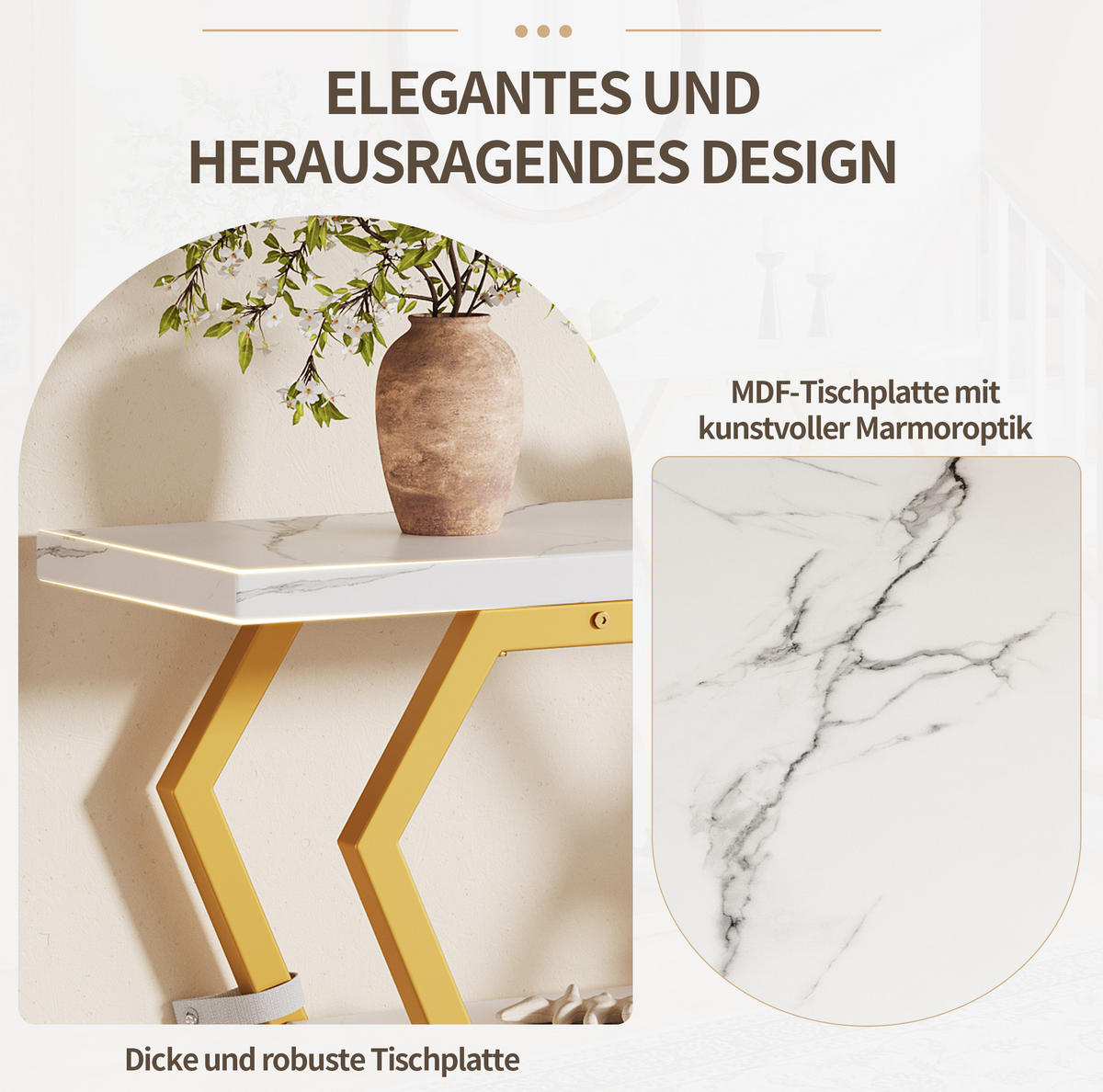 BEISTELLTISCH aus MDF und Metall 120x29,5x80 cm Weiß/Gold mit Ablage in Marmoroptik - Weiß, Holzwerkstoff (120/29.5/80cm) - Modfu