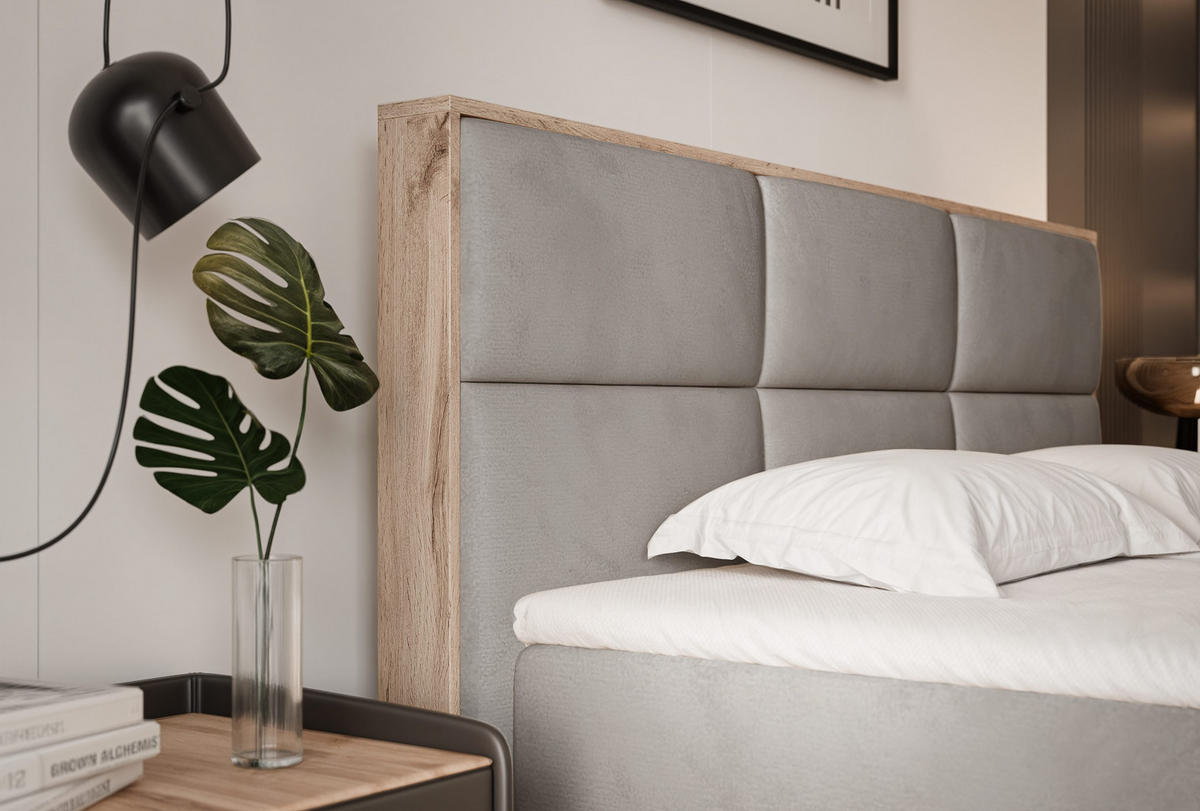 BOXBETT LAVIO 160/200 cm, in Hellgrau, mit Matratze und Topper - Hellgrau, Holzwerkstoff/Textil (160/200cm) - Idohome