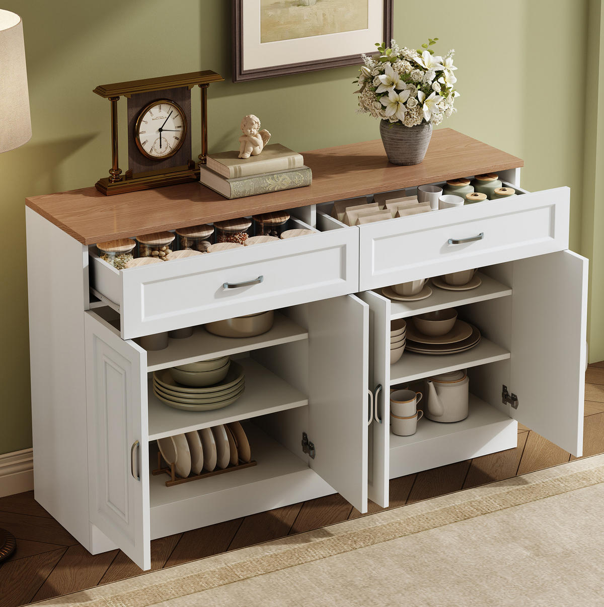 SIDEBOARD 120/35/80,5 cm mit 4 Türen & 2 Schubladen in Weiß und Holzoptik - Weiß, Holzwerkstoff (120/80.5/35cm) - BEAOK