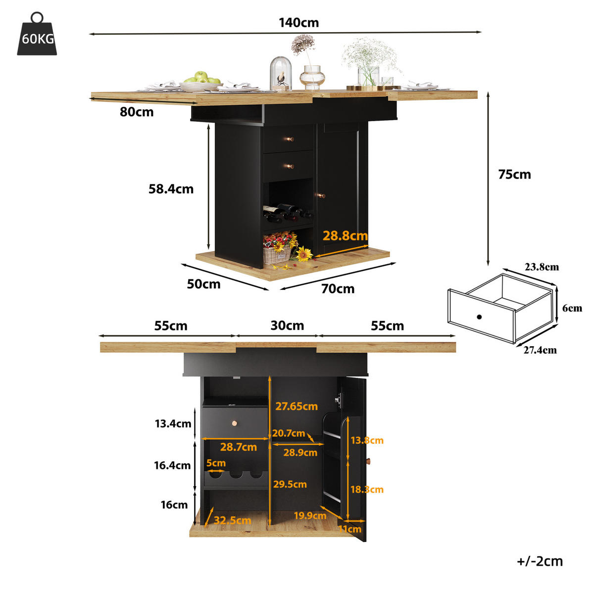 ESSTISCH, ausziehbar 110-140/80/75 cm mit Stauraum & Snack-/Weinregal, Schwarz/Natur - Schwarz, Holzwerkstoff (110/80/75cm) - Redom