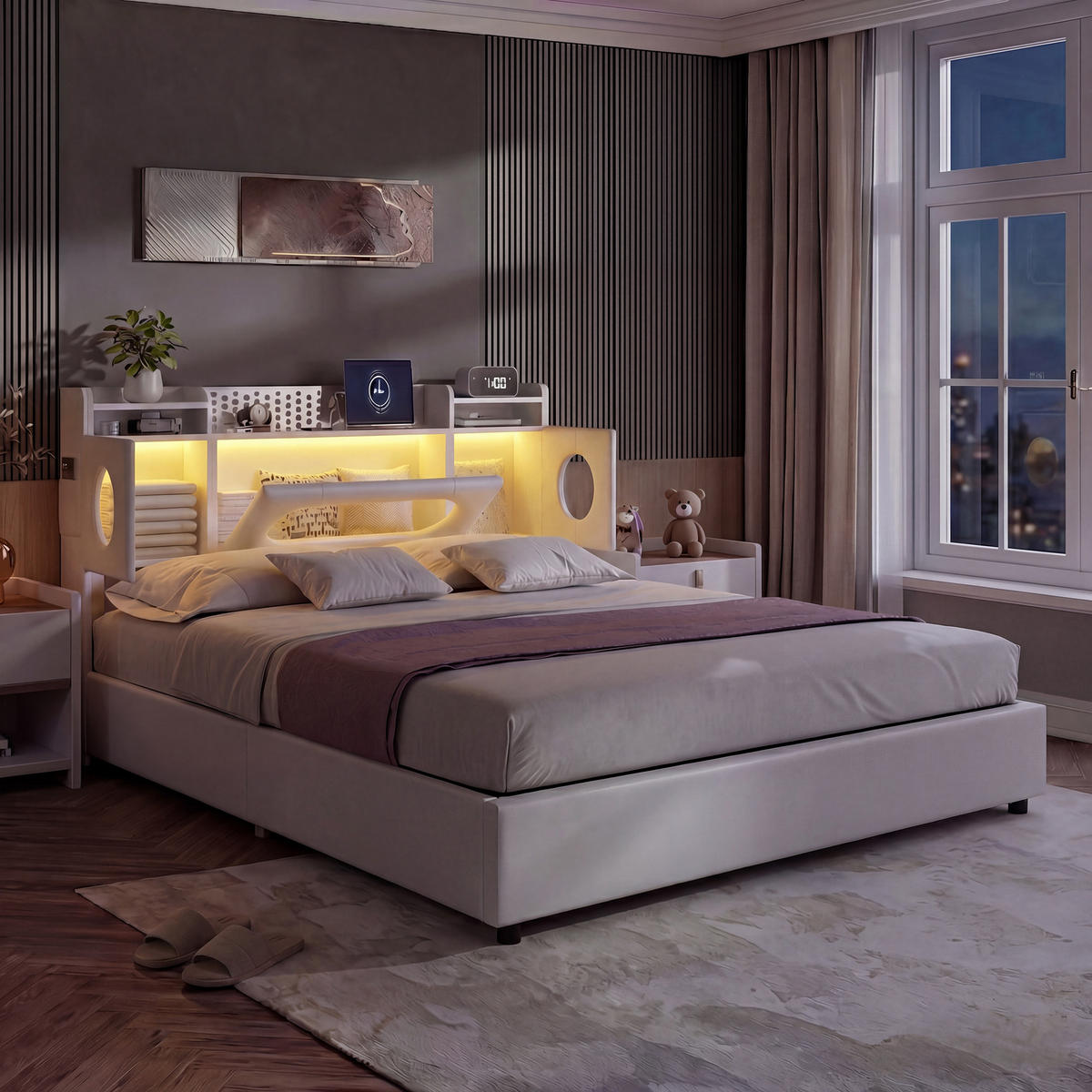 POLSTERBETT 140x200 cm Weiß mit Kopfteil Stauraum und Ladefunktion Kunstleder - Weiß, Holz/Metall (140/200cm) - PARAFTA HOME