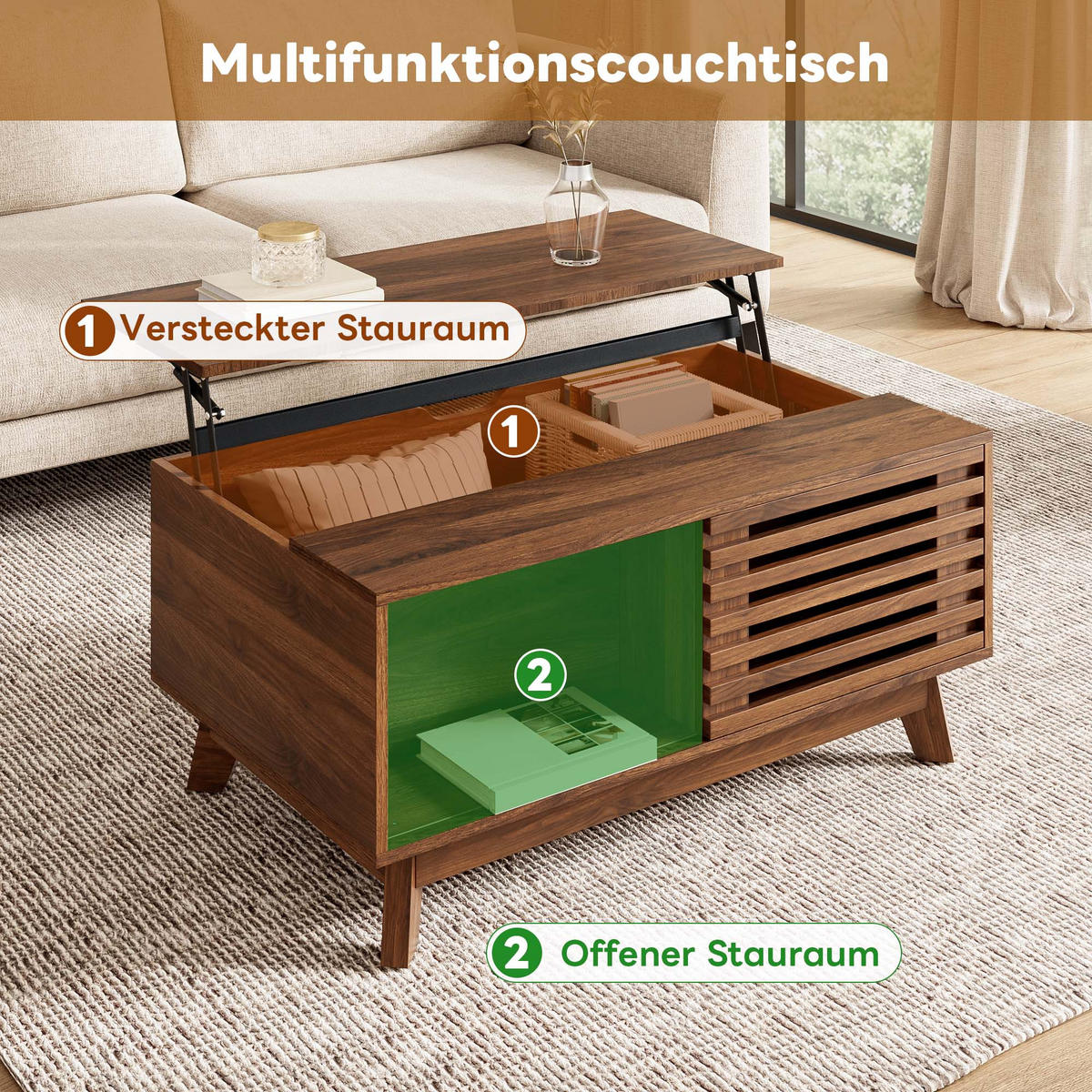 COUCHTISCH walnuss-optik mit lift-funktion & jalousie-schiebetür - Walnussfarben, Holzwerkstoff (55/90/57.5cm) - Urban Meuble