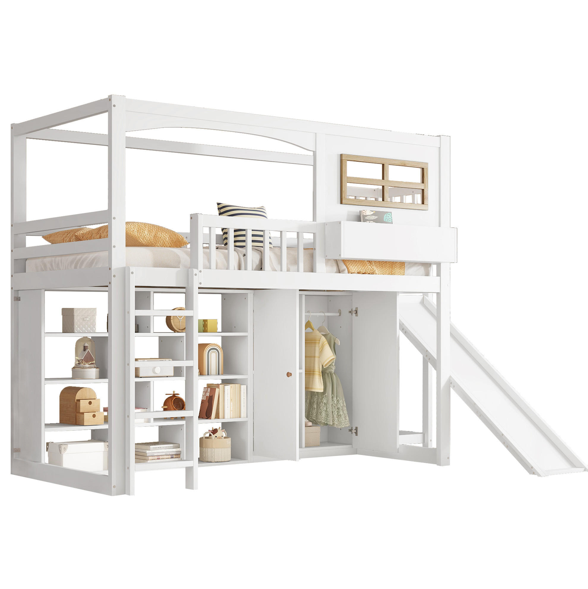 ETAGENBETT 90/200 cm Weiß mit Rutsche und Kleiderschrank aus Kiefer und MDF - Weiß, Holzwerkstoff (90/200cm) - OKWISH