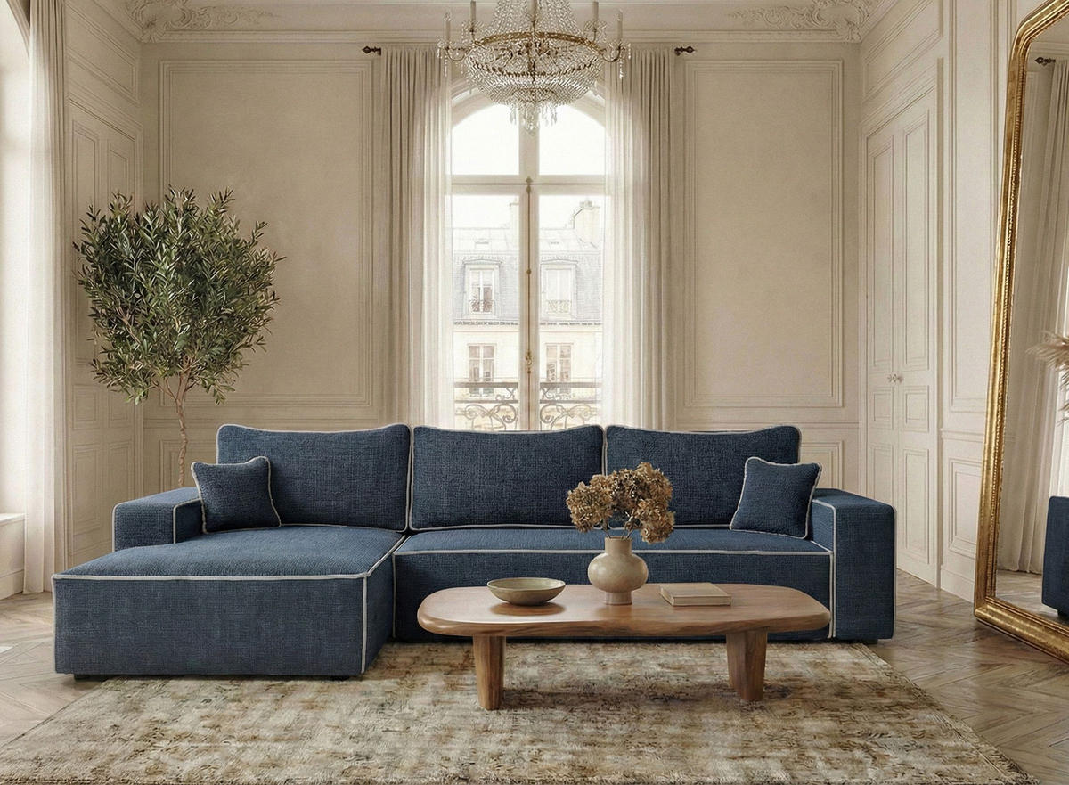 ECKSOFA MIT SCHLAFFUNKTION Modo Creme Chenille-Stoff - Links Seite - Schwarz/Dunkelblau, Holz/Holzwerkstoff (185/294cm) - Maison de Reve