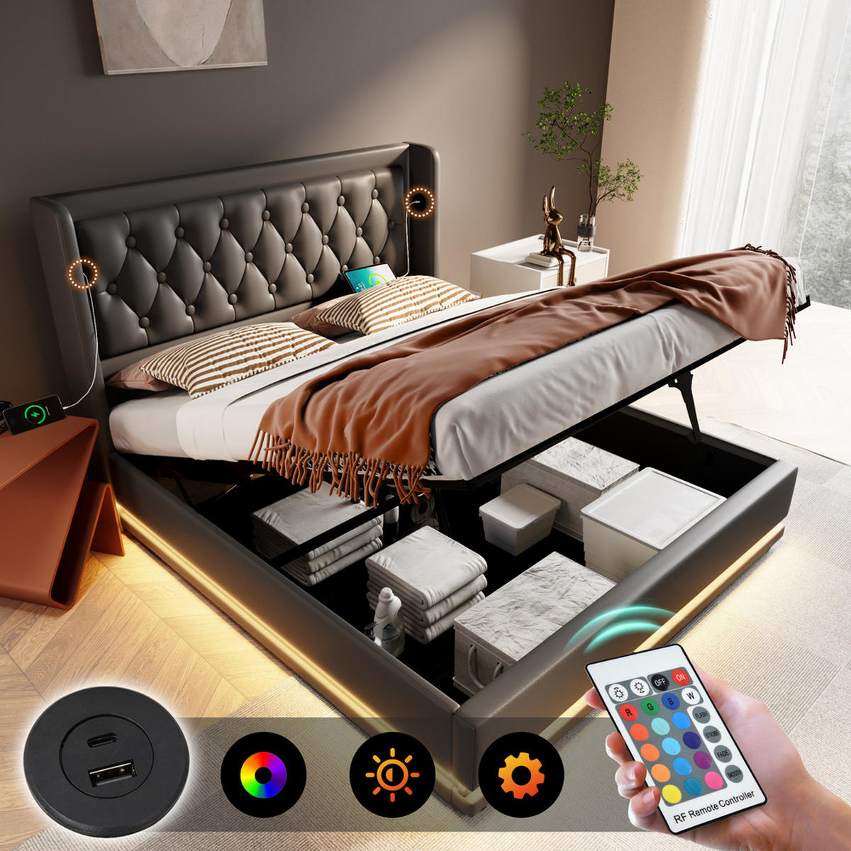 POLSTERBETT 160x200cm Doppelbett hydraulisch LED & USB-C Schwarz PU - Schwarz, Holz (160/200cm) - FLIEKS