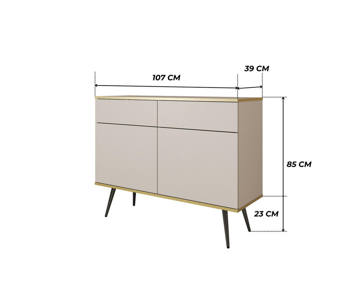 KOMMODE FORNO (Beige, Goldene Details, 2 Türen, 2 Schubladen, schwarze Metallfüße) - Beige/Schwarz, Holz/Holzwerkstoff (107/85/39cm) - Ravio