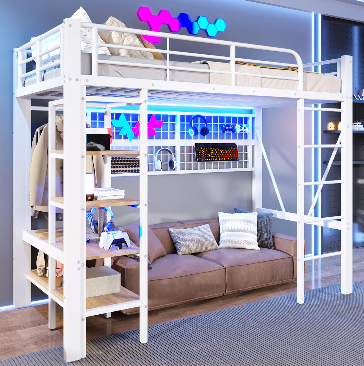 HOCHBETT 90/200 cm Weiß aus Metall und MDF mit LED-Lichtleiste - Weiß, Metall (90/200cm) - OKMYHOME