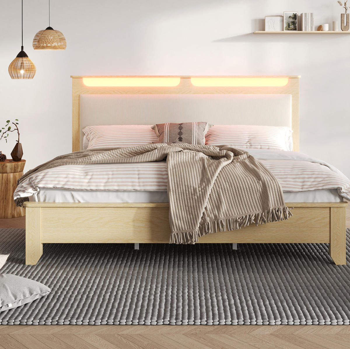 POLSTERBETT mit LED-Beleuchtung 140/200 cm mit gepolstertem Kopfteil - Beige, Textil (140/200cm) - BEAOK