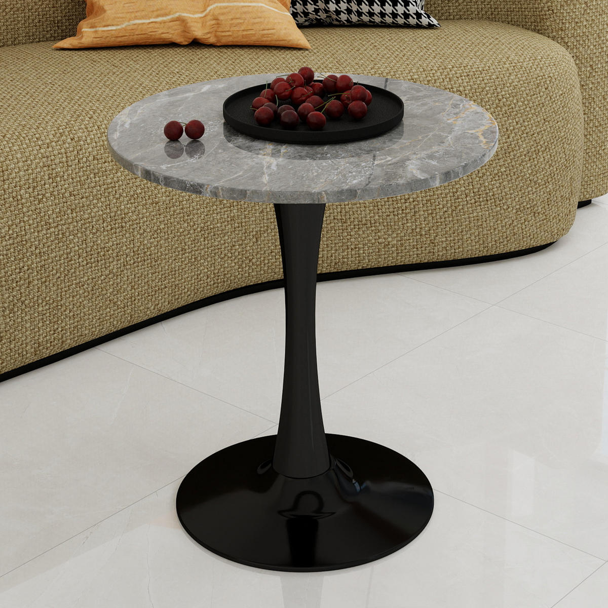 COUCHTISCH 70,1 cm in Schwarz/Grau mit runder Tischplatte in Marmoroptik - Grau, Stein (70/70/72cm) - BEAOK