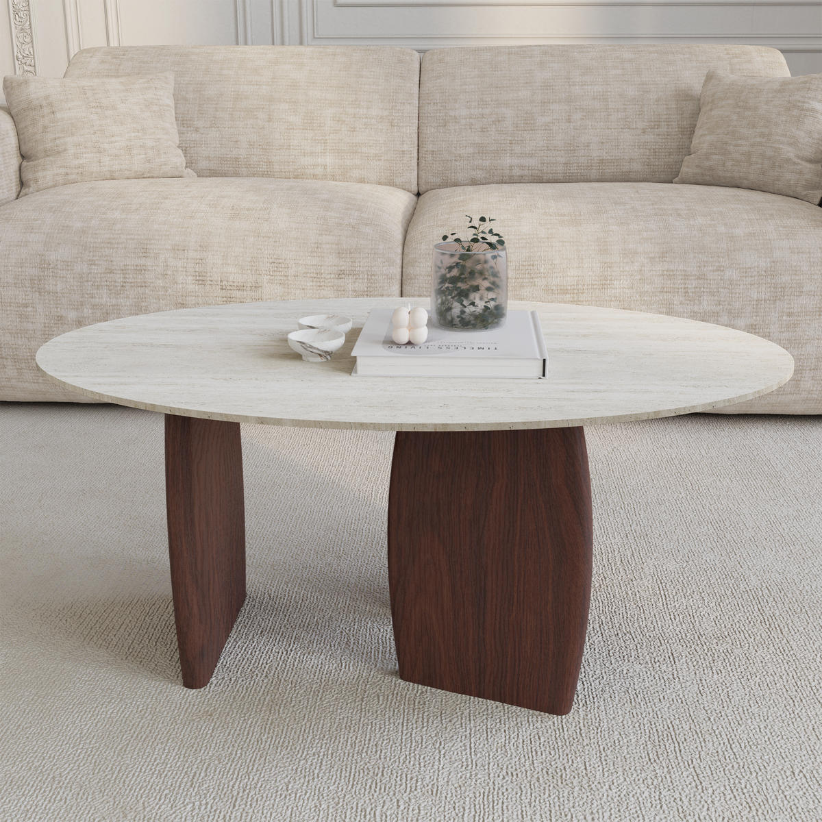COUCHTISCH Keramik Travertin und Walnuss 90cm - Beige, Keramik (60/90/40cm) - Sia Home