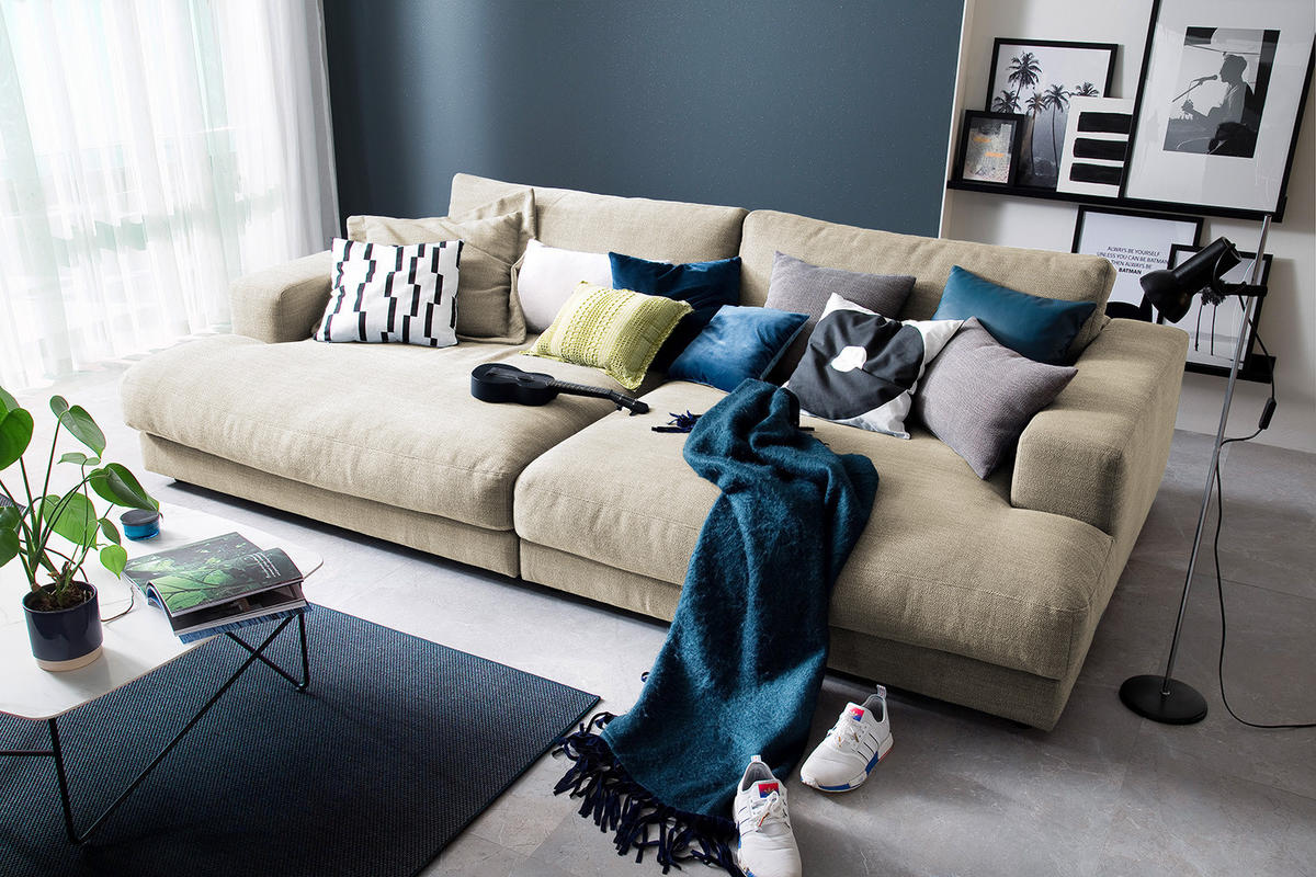 BIG SOFA MADELINE Cremeweiß Webstoff - Creme/Schwarz, Kunststoff/Textil (290/85/170cm) - KAWOLA