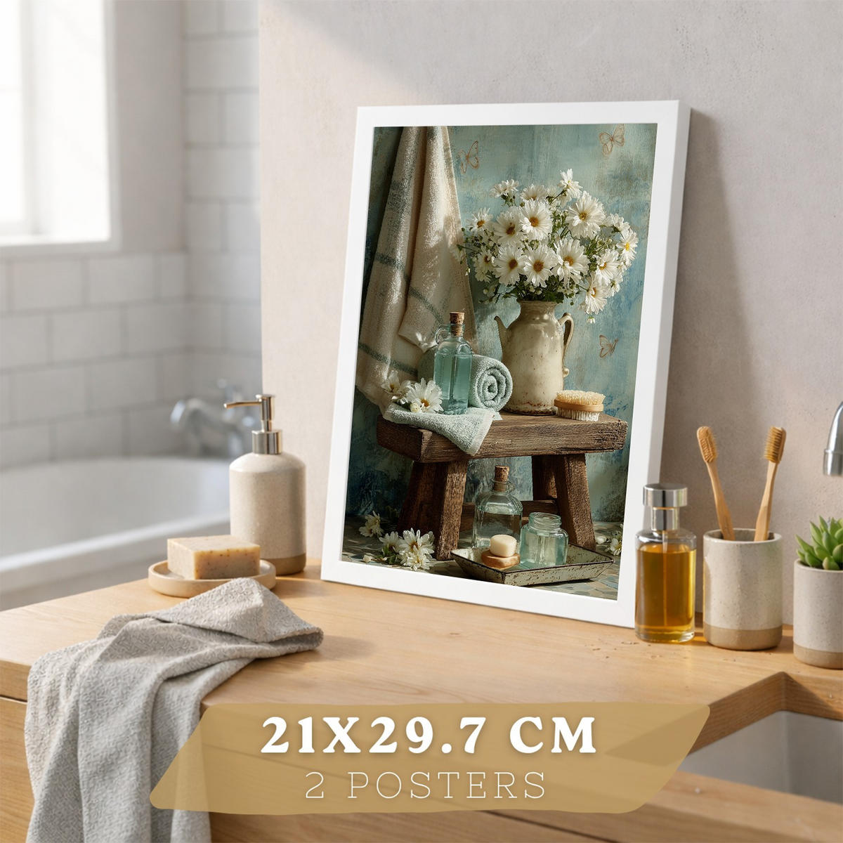PLAKÁT Sada 2 dekorativních koupelnových tisků, květinové v shabby chic Bílý rám A4 - bílá, papír (29.7/21/3cm) - Nacnic