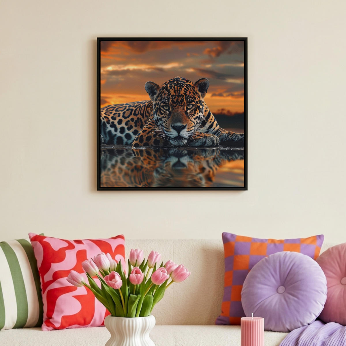 LEINWAND Bilder mit Rahmen - Natur - Leopard - Tier - Sonnenuntergang - Modern - 50x50 - Orange, Textil (50/50cm) - MuchoWow