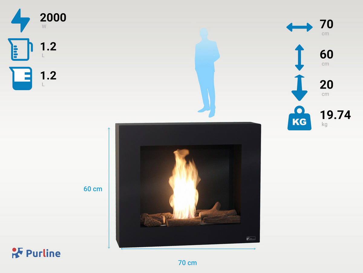 BIOETHANOL-KAMIN Schwarz Wandmodell inklusive 1.2 L Brennblock - Schwarz, Metall (70/60/20cm) - Purline