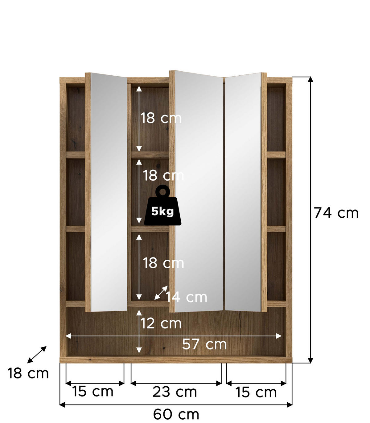 SPIEGELSCHRANK Eiche Evoke 60 x 74 cm, Badezimmer Schrank 3-türig - Eichefarben, Glas/Holzwerkstoff (60/74/18cm) - Inn.Furn