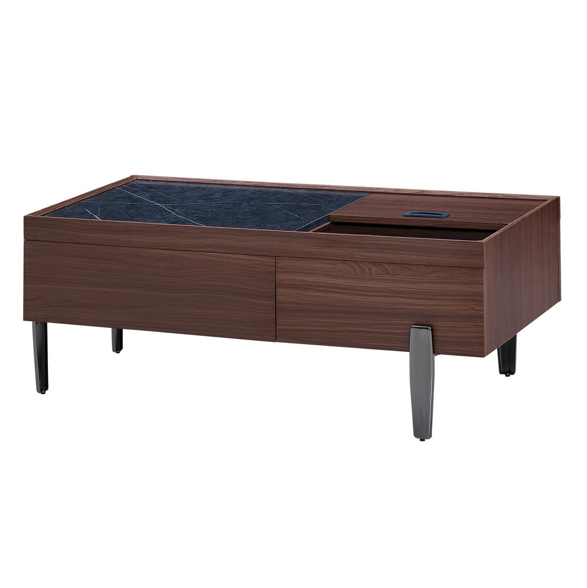 COUCHTISCH mit Schubladen & Glasplatte, MDF dunkelbraun, silbergraue Metallbeine, 105/50/41,5 cm, Dunkelbraun und dunkles Marmormuster - Dunkelbraun, Holzwerkstoff (105/50/41.5cm) - Redom