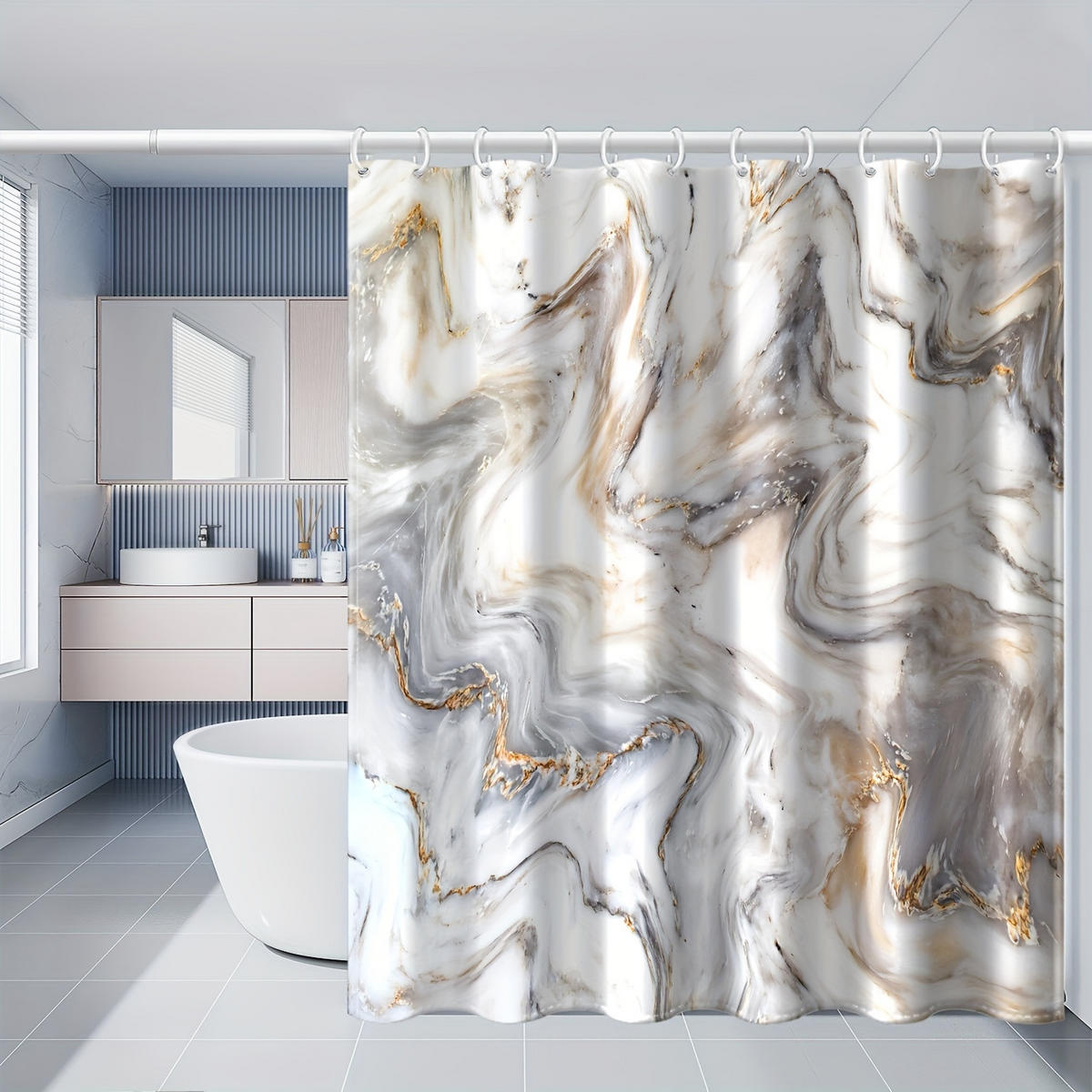 DUSCHVORHANG Goldfarben Grau Marmor modern abstrakt wasserdicht mit Haken - Grau, Textil (180/180cm) - MCBOSON
