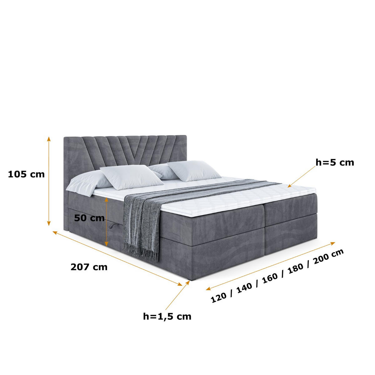 BOXBETT mit Matratze H3 und Lattenrost - ERNINA - 200x200 cm Dunkelgrau - Dunkelgrau, Holzwerkstoff (200/200cm) - ALTDECOR