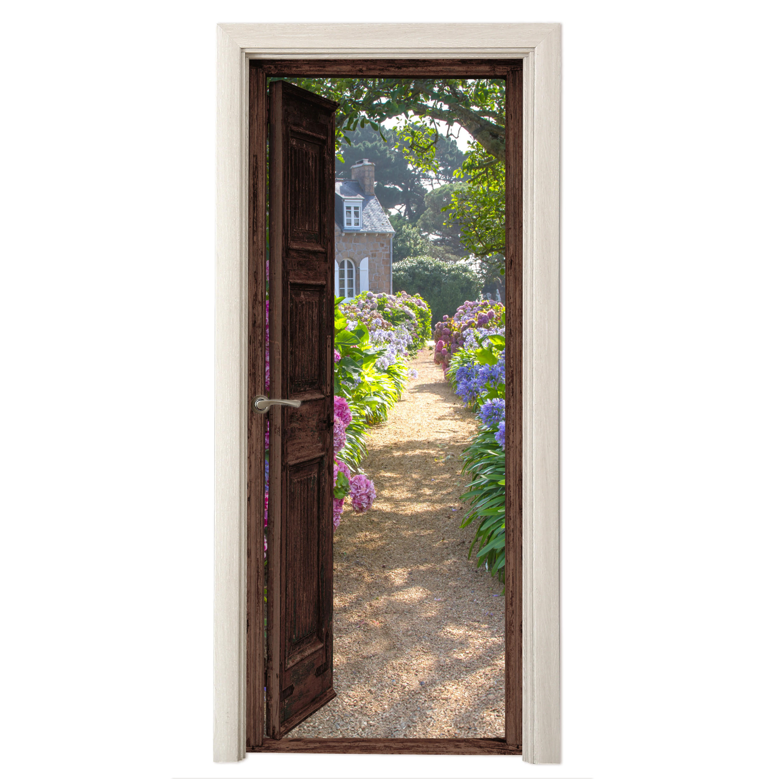 FOTOTAPETE Tür - Fensterblick - Hortensie - Tür - Blumen - Natur 90x205 cm - Beige, Kunststoff (90/0.1cm) - MuchoWow