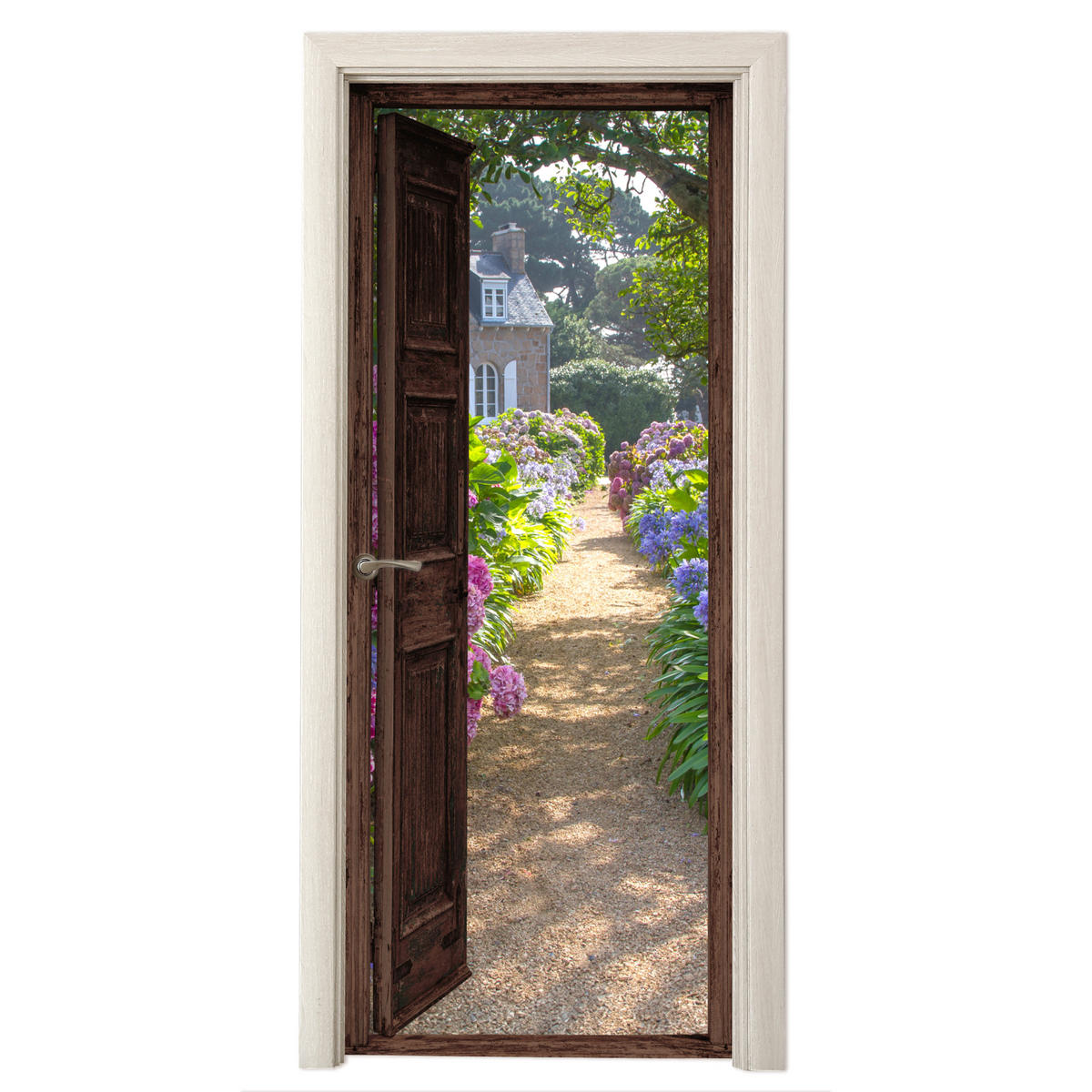 TÜRAUFKLEBER Selbstklebend - Fensterblick - Hortensie - Tür - Blumen - Natur 90x205 cm - Türtapete - Beige, Kunststoff (90/0.1cm) - MuchoWow