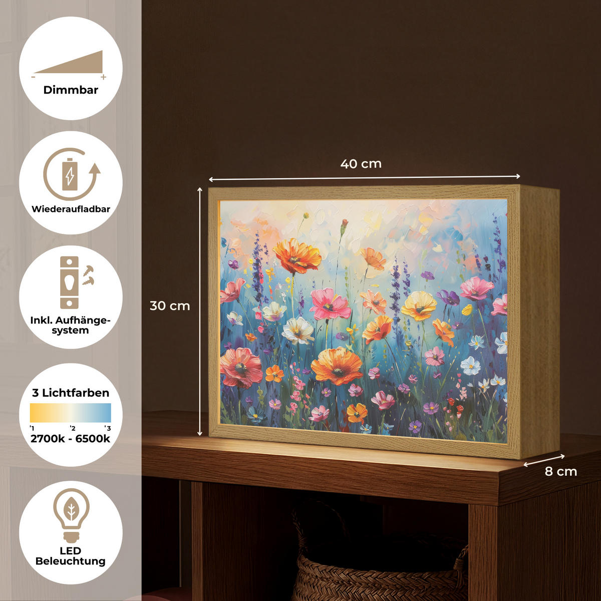 NÁSTĚNNÁ LAMPA S AKUMULÁTOREM Květiny - Příroda - Akvarel - Umění 40x30 cm - různobarevná, kompozitní dřevo (40/30/8cm) - OnlyWow
