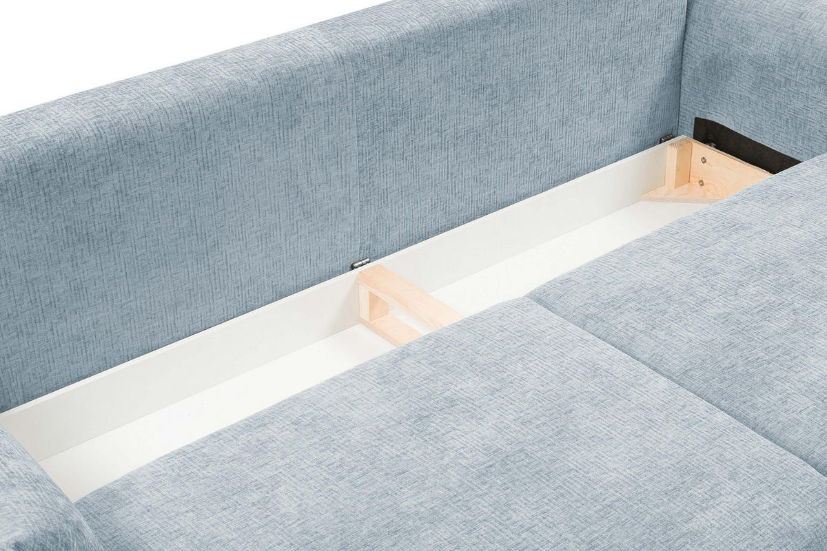 SOFA ADEL - Schlaffunktion Und Bettkasten, Wellenfederung, PUR-Schaum, Schwarze Metallfüße lose Rückenkissen, freistehend, 240x108x75 cm Light blue - Hellblau, Holz/Textil (240/75/108cm) - DomoHome